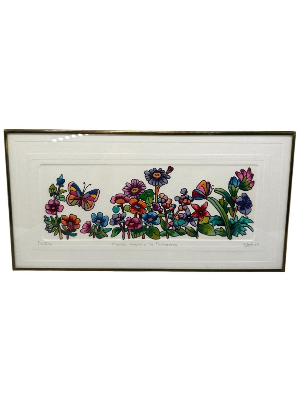 Vintage Mexican Floral Butterfly Artwork Brass Glass Framed Signed by Artist 10"